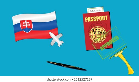 Slovakia flag with white plane icon. Passport with visa approved stamp. Black stylish Pen. Slovakian Travel poster. Editable vector EPS available