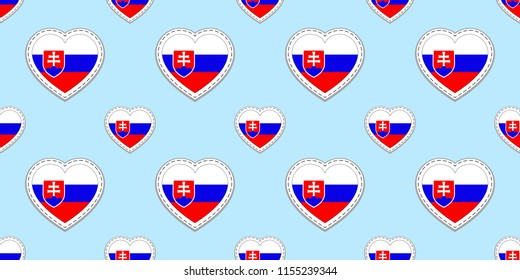 Slovakia flags background. Slovak flag seamless pattern. Vector stickers. Love hearts symbols. Good choice for sports pages, travel, school geographic, cartographic elements. patriotic wallpaper