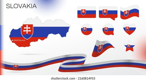 Banderas de Eslovaquia puestas. Varios diseños. Mapa y ciudad capital. Banderas del mundo. Conjunto de vectores. Círculo. Plantilla para el día de la independencia. Colección de símbolos nacionales. Cinta con colores del indicador.
