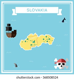 Slovakia flat treasure map. Colorful cartoon treasure map of Slovakia with flat icons of pirate ship, jolly roger, treasure chest and banner ribbon. Flat design vector illustration.
