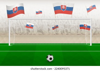 Slovakia football team fans with flags of Slovakia cheering on stadium, penalty kick concept in a soccer match. Sports vector illustration.