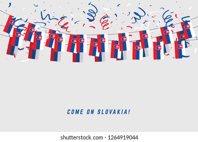 Slovakia garland flag with confetti on gray background, Hang bunting for Slovakia celebration template banner.