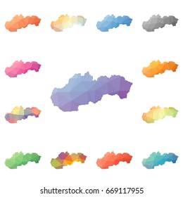 Slovakia geometric polygonal, mosaic style maps collection. Bright abstract tessellation, low poly style, modern design. Slovakia polygonal maps for your infographics or presentation.