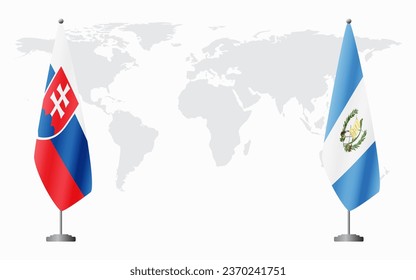 Slovakia and Guatemala flags for official meeting against background of world map.