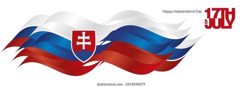 Slovakia Happy Independence Day 17th of July banner. Slovakia abstract flag ribbon background with bold typography lettering message 17th of July