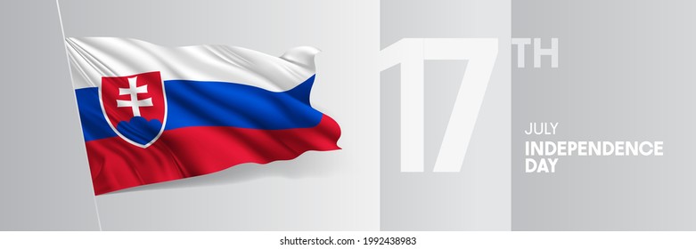 Slovakia happy independence day greeting card, banner vector illustration. Slovakian national holiday 17th of July design element with 3D waving flag on flagpole