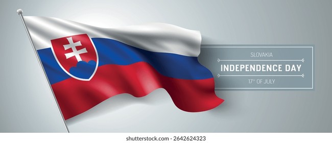 Slovakia happy independence day greeting card, banner vector illustration. Slovak national holiday 17th of July design element with realistic flag