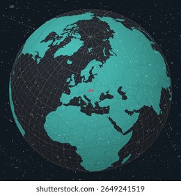 Eslováquia no Globe. Olhar vintage com textura grunge riscado. Mapa do mundo no mapa da paleta de cores de Turquesa a carvão escuro. Forma eslovaca no mapa. Globo com meridianos e paralelos.