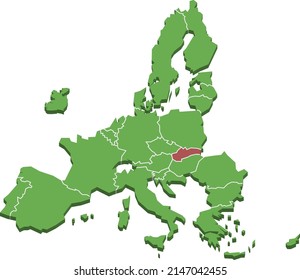 Slovakia highlithed within European Union Three-Dimensional Stylized Map Isolated On White Background, EPS 10 Vector