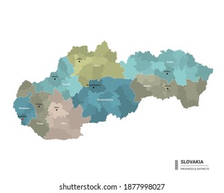 Slovakia higt detailed map with subdivisions. Administrative map of Slovakia with districts and cities name, colored by states and administrative districts. Vector illustration.