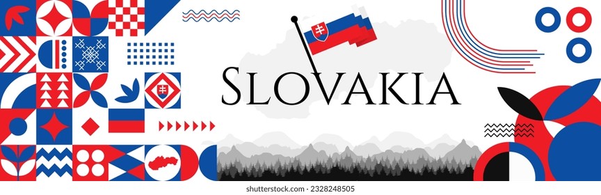 Slovakia Independence Day abstract banner design with flag and map. Flag color theme geometric pattern retro modern Illustration design. Blue and red flag color template.