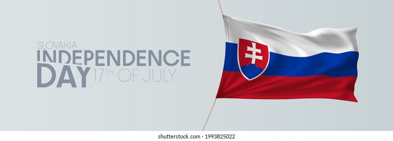 Slovakia independence day vector banner, greeting card. Slovakian wavy flag in 17th of July national patriotic holiday horizontal design