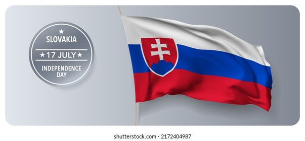 Slovakia independence day vector banner, greeting card. Slovak wavy flag in 17th of July national patriotic holiday horizontal design