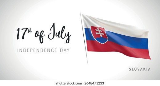 Slovakia independence day vector banner, greeting card. Slovak wavy flag in 17th of July patriotic holiday horizontal design with realistic flag