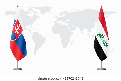 Slovakia and Iraq flags for official meeting against background of world map.