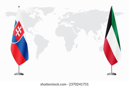 Slovakia and Kuwait flags for official meeting against background of world map.