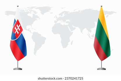 Slovakia and Lithuania flags for official meeting against background of world map.