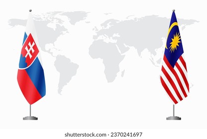 Slovakia and Malaysia flags for official meeting against background of world map.