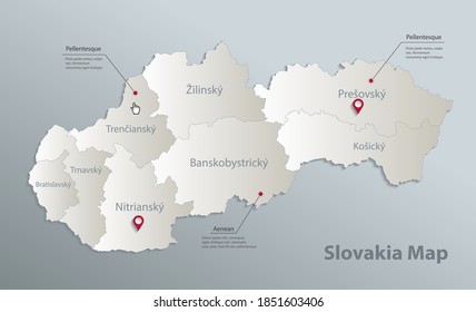 Slovakia map, administrative division with names Slovak Republic, blue white card paper 3D vector