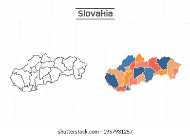 Slovakia map city vector divided by colorful outline simplicity style. Have 2 versions, black thin line version and colorful version. Both map were on the white background.