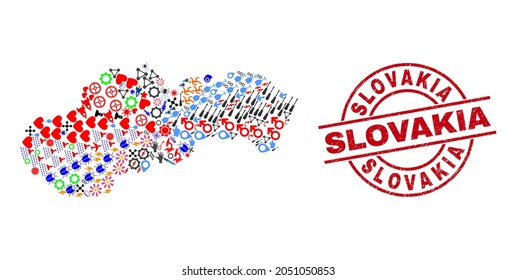 Slovakia map collage and distress Slovakia red round badge. Slovakia seal uses vector lines and arcs. Slovakia map collage includes gears, homes, wrenches, bugs, wine glasses, and more icons.