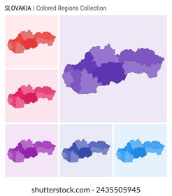 Slovakia map collection. Country shape with colored regions. Deep Purple, Red, Pink, Purple, Indigo, Blue color palettes. Border of Slovakia with provinces for your infographic. Vector illustration.