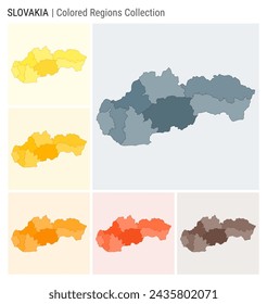 Slovakia map collection. Country shape with colored regions. Blue, Grey, Yellow, Amber, Orange, Deep Orange, Brown color palettes. Border of Slovakia with provinces for your infographic.