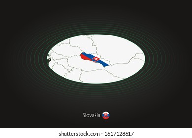 Slovakia map in dark color, oval map with neighboring countries. Vector map and flag of Slovakia 