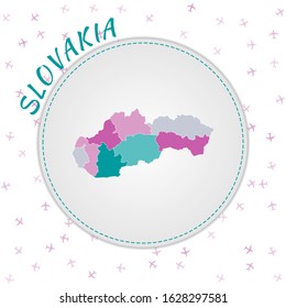 Slovakia map design. Map of the country with regions in emerald-amethyst color palette. Rounded travel to Slovakia poster with country name and airplanes background. Trendy vector illustration.