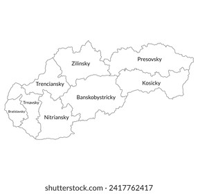 Slovakia map. Map of Slovakia in eight mains regions in white color