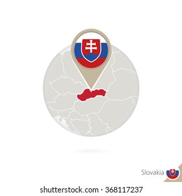 Slovakia map and flag in circle. Map of Slovakia, Slovakia flag pin. Map of Slovakia in the style of the globe. Vector Illustration.