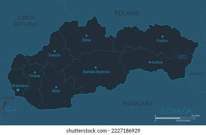 Slovakia map. High detailed map of Slovakia with countries, borders, cities, water objects. Vector illustration eps10.