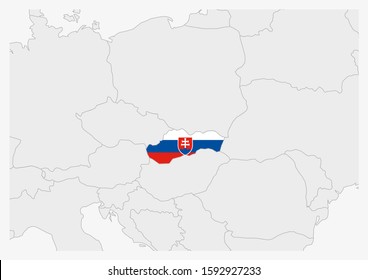 Slovakia map highlighted in Slovakia flag colors, gray map with neighboring countries.