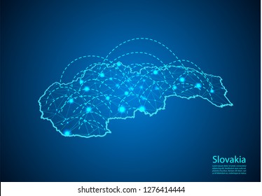slovakia map with nodes linked by lines. concept of global communication and business. Dark slovakia map created from white dots with travel locations or internet connection.