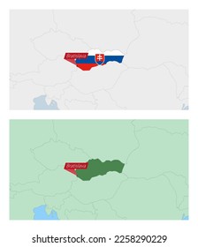 Slovakia map with pin of country capital. Two types of Slovakia map with neighboring countries. Vector template.