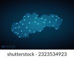 Slovakia map radial dotted pattern in futuristic style, design blue circle glowing outline made of stars. concept of communication on dark blue background. Vector EPS10