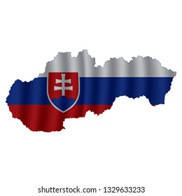 Slovakia map with rippled flag on white illustration. Waving Fabric Flag Map of Slovakia. Map of Europe. Vector White Background. Vector illustration eps10.