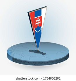 Slovakia map in round isometric style with triangular 3D flag of Slovakia, vector map in blue color. 