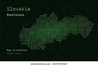 Slovakia Map Shown in Binary Code Pattern. Matrix numbers, zero, one. World Countries Vector Maps. Digital Series