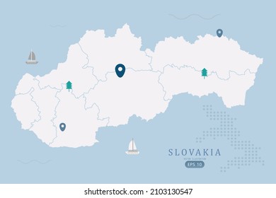 Slovakia Map - World Map International vector template High detailed with white color isolated on blue background including simple point of location, tree, boat icon - Vector illustration eps 10