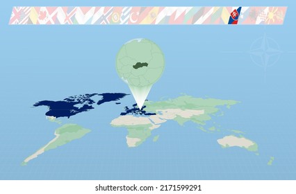 Slovakia member of North Atlantic Alliance selected on perspective World Map. Flags of 30 members of alliance. Vector illustration.
