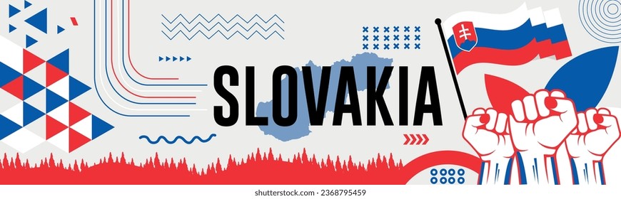 slovakia national day banner with map, flag colors theme background and geometric abstract retro modern colorfull design with raised hands or fists.
