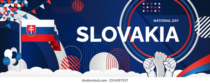 Slovakia national day modern banner. Wide abstract banner with typography, raised hands and country flags. Illustration background celebrating national holidays, Independence day and sporting events