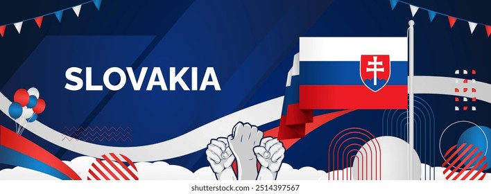 Slovakia national day modern banner. Wide abstract banner with typography, raised hands and country flags. Illustration background celebrating national holidays, Independence day and sporting events