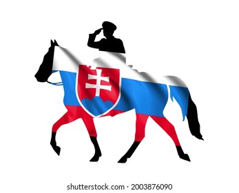 Slovakia national flag pinned on stallion horse and officer silhouette