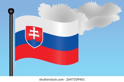 Slovakia national flag waving against a bright blue sky. representing national pride, unity, and heritage in Europe with its vibrant colors and iconic design. Patriotic symbol of identity or pride