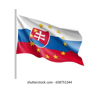 Slovakia national waving flag with a circle of European Union twelve gold stars, political and economic union, EU member since 1 May 2004. Realistic vector illustration