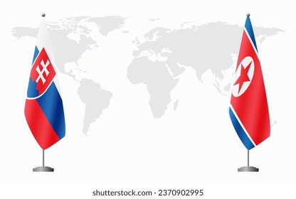 Slovakia and North Korea flags for official meeting against background of world map.