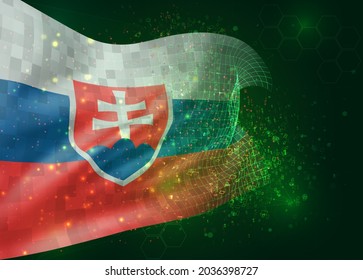 Slovakia on vector 3d flag on green background with polygons and data numbers