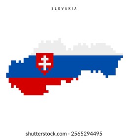 Slovakia pixel flag map icon. 8 bit pixel art Slovak map covered with flag. Flat vector illustration isolated on white background.